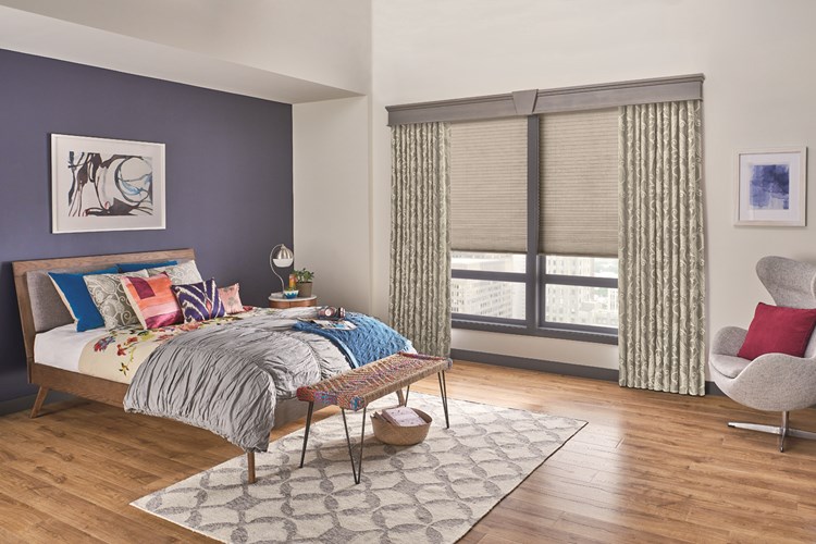 Windows: 3/4&quot; Single Cell Cellular Shades with Cordless Lift: Luxe, Earthy Taupe 0134 with 7 1/2&quot; Cornice with Keystone Drapery: Decorative Panels with Back Tabs