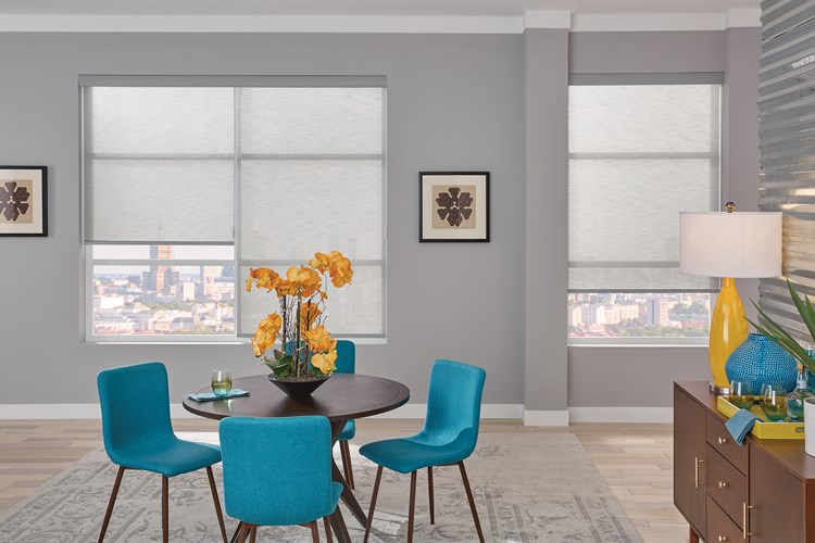 Roller Shade with Motorized Wand, Fabric-Wrapped Hem Bar: Everly, Cinder 21464, and Contour Valance
