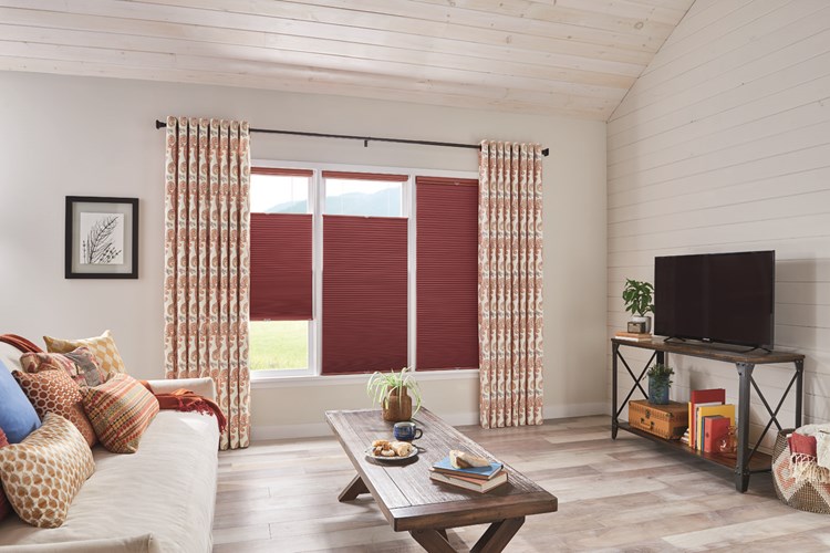 Windows: Bottom Up/Top Down Shades with Cordless Lift: 1/2&quot; Double Cell Cellular Shades: Hideaway, Red Velvet 1458 Drapery: Decorative Panels with Grommet Top Hardware: 1 3/8&quot; Pole