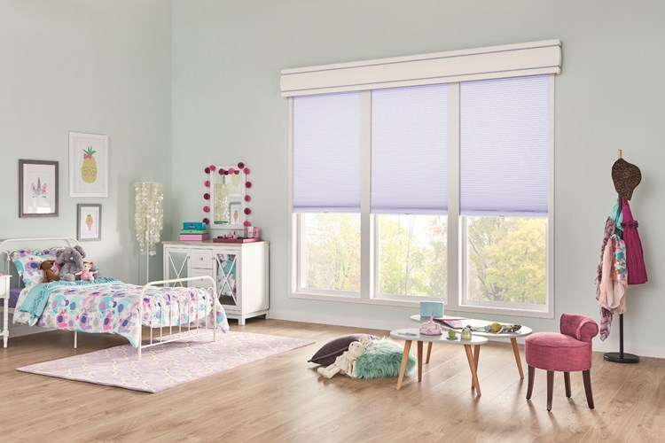 1/2&quot; Double Cell Cellular Shades with Cordless Lift: Hideaway, Fresh Lavender 1473 with 12&quot; Fabric-Wrapped Curved Cornice