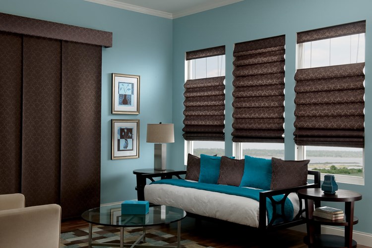 Looped Roman Shades with Corded Bottom Up/Top Down and Cut-yardage Pillows: Damask, Cocoa 3261, Sliding Panels in Roman Fabric with Wand Control, Single Stack and Fabric-wrapped Cornice: Damask, Cocoa T3261