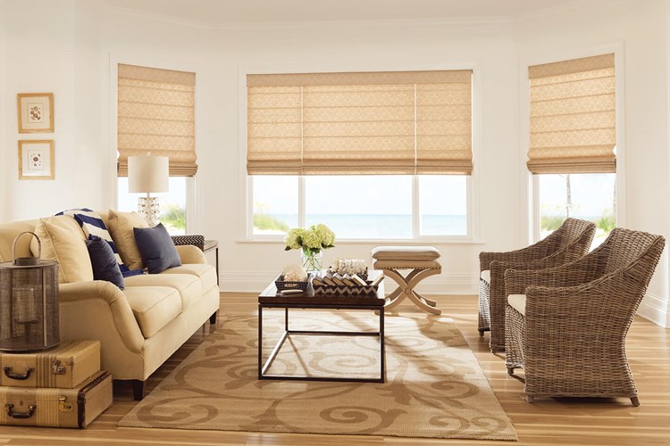 Flat Roman Shades with 6&quot; Valance and 1″ Teardrop Crystal Bead Trim in Light Gold 202 and Motorized Lift: Damask, Warm Amber 3264; Square Pillows: Dover, Rainy Afternoon 3721