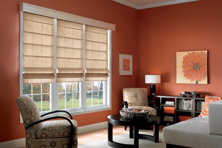 Three Flat Roman Shades on One Headrail with Cordless Lift: Fiddlestix, Sand 3411; 5 1/2&quot; Noble Wood Cornice: Natural 1036