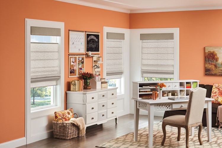 Classic Roman Shades in Flat Style with Bottom Up/Top Down Cordless Lift: Kersey, Mushroom 3590; Straight Fabric Wrapped Cornices: Gibson, Kodiak 5202
