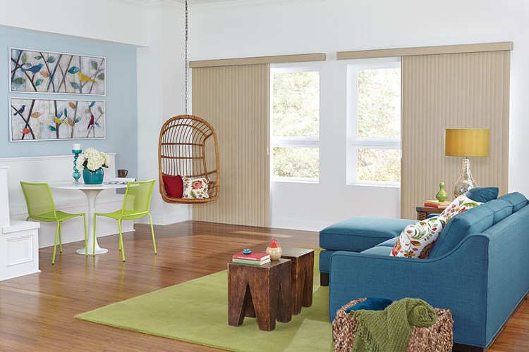 Crown Vinyl Vertical Blinds with One Touch Wand Control and Square Corner Valance: Quinn, Irish Oats 3897