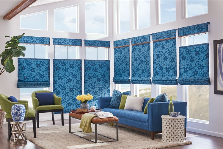 Bali HIC Tailored Roman Shades in Seamless Style with Bottom Up/Top Down Cord Lift and Valance: Maverick, Bayshore 6871 with 1½&quot; Mingled Globe Fringe: Camel