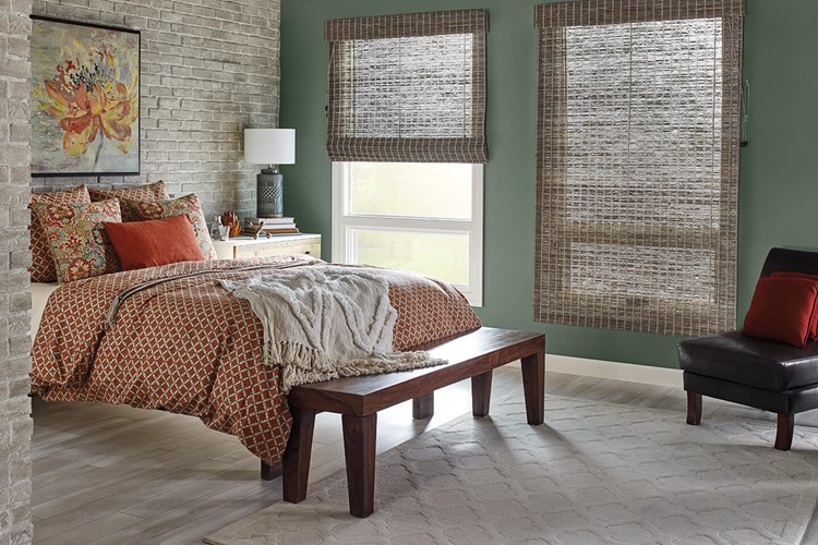 Standard Roman Natural Shades with Cord Lift: Lagoon, Cadet 85132 and 6&quot; Standard Valance with Valance-Only Room-Darkening Liner: Cocoa 6297