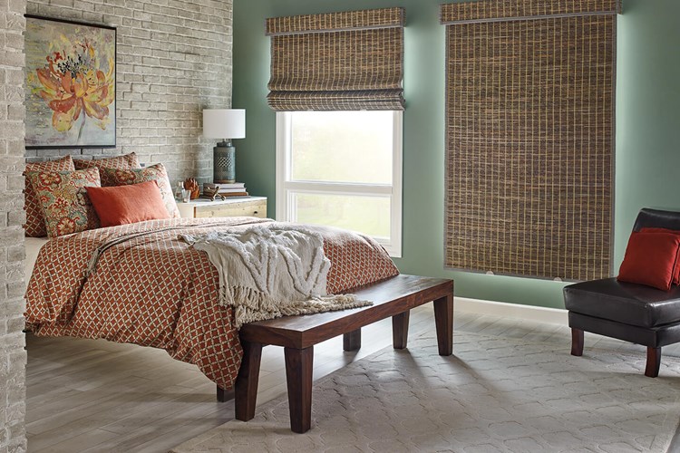 Standard Roman Natural Shades with Cordless Lift: Lagoon, Cadet 85132 with Room-Darkening Liner: Cocoa 6297, 1&quot; Edge Banding: Mink Gray 7174, and 6&quot; Palisade Valance in Horizontal Orientation